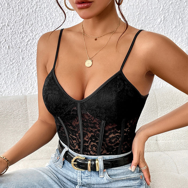 Damen Spitzenbody mit elegantem V-Ausschnitt und transparenten Einsätzen Drune