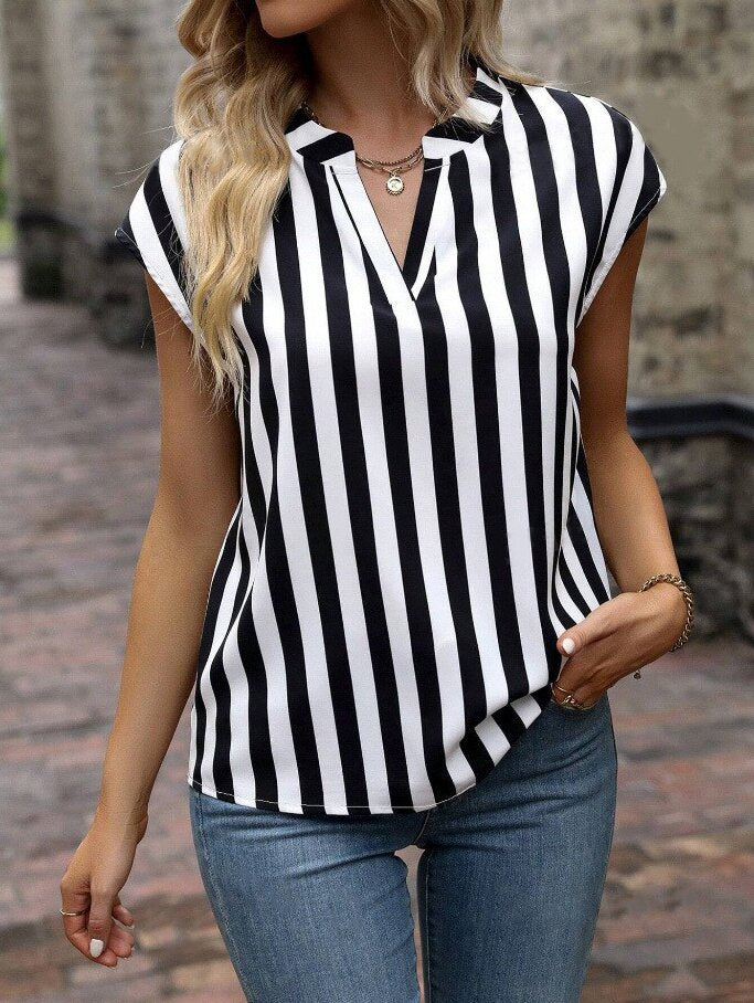 Damen Bluse im elegant gestreiften Design mit modernem V-Ausschnitt und kurzen Ärmeln Drune