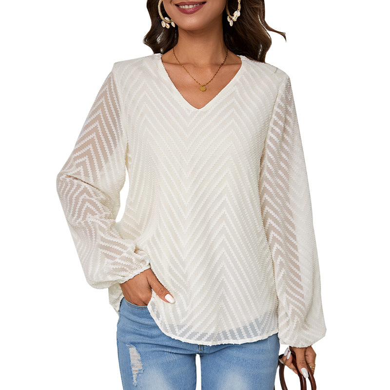 Damen Bluse mit eleganten V-Ausschnitt und transparenten Ärmelapplikationen Drune