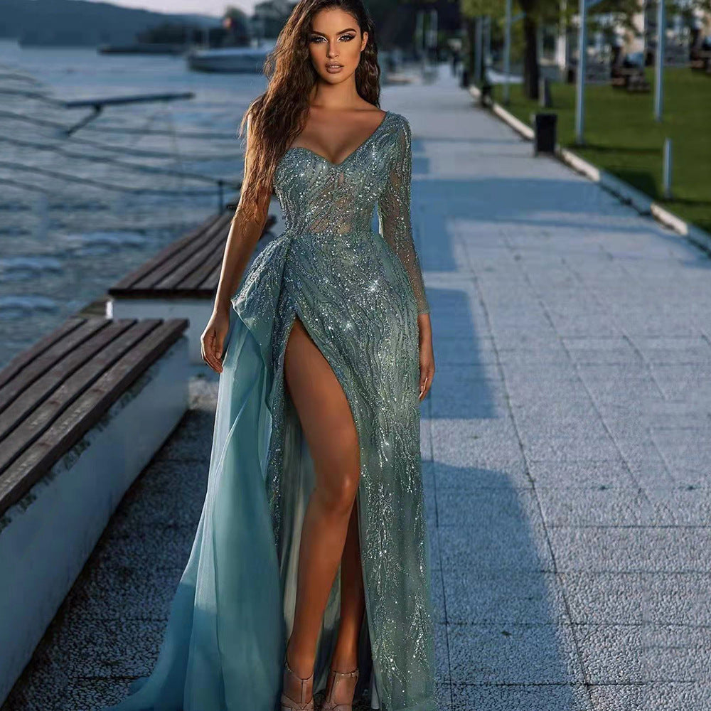 Drune | Frühling Sommer Damen Kleidung Cocktail Abendkleid Paillette Schlitz Gastgeber Party Kleid
