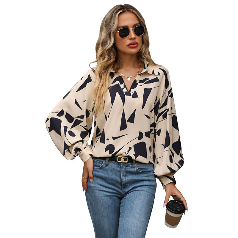 Damen Bluse mit auffälligem grafischem Design und voluminösen Ärmeln Drune