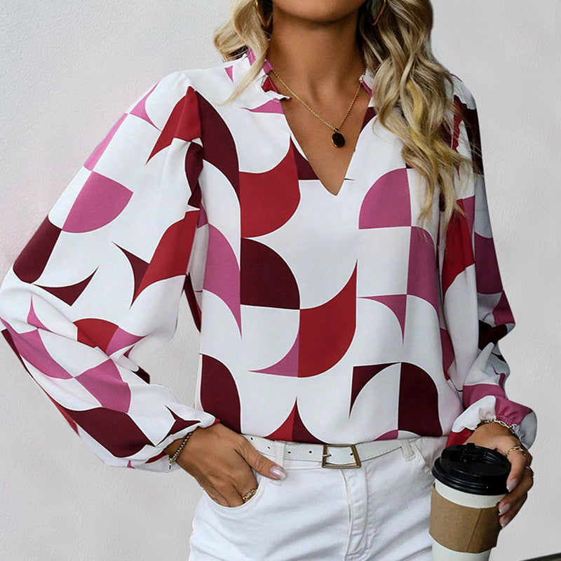 Damen Bluse mit modischem V-Ausschnitt und einzigartigem Muster Drune