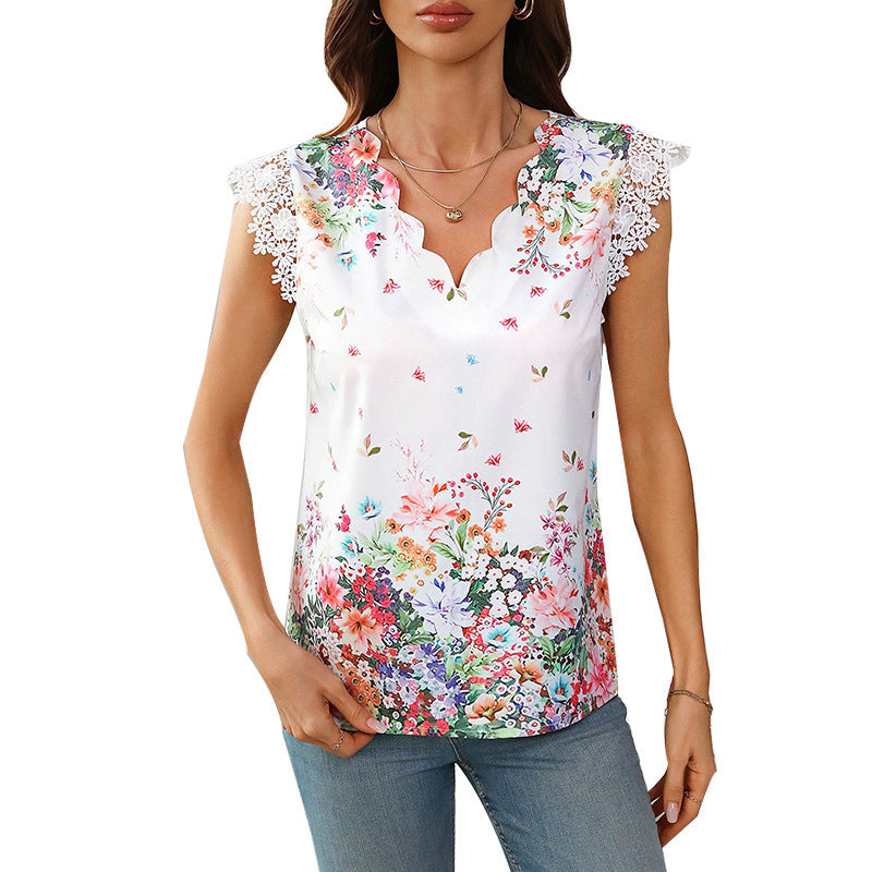 Damen Bluse mit floralem Design und elegantem Spitzenärmel Drune