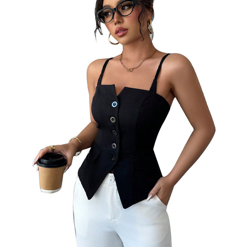Damen ärmelloses Blusentop mit tailliertem Schnitt und Knopfdetails Drune