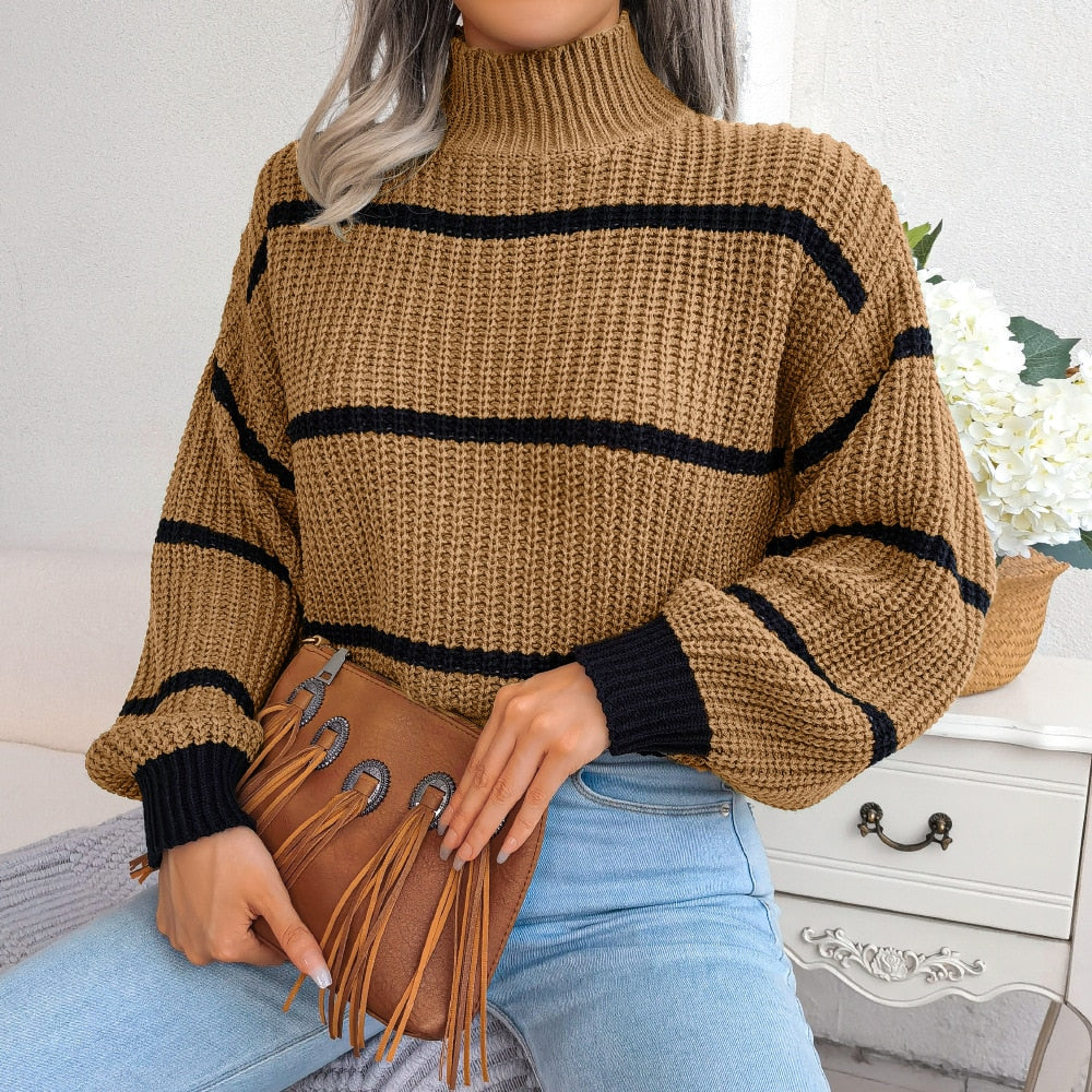 Drune Lässig Gestreift Laterne Ärmel Pullover