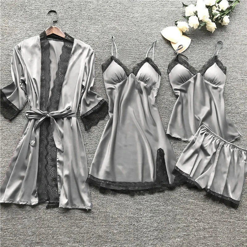 Drune | Schlafanzug Set Luxus Sommer Satin Schlafanzug Set Mit Spitze Für Damen