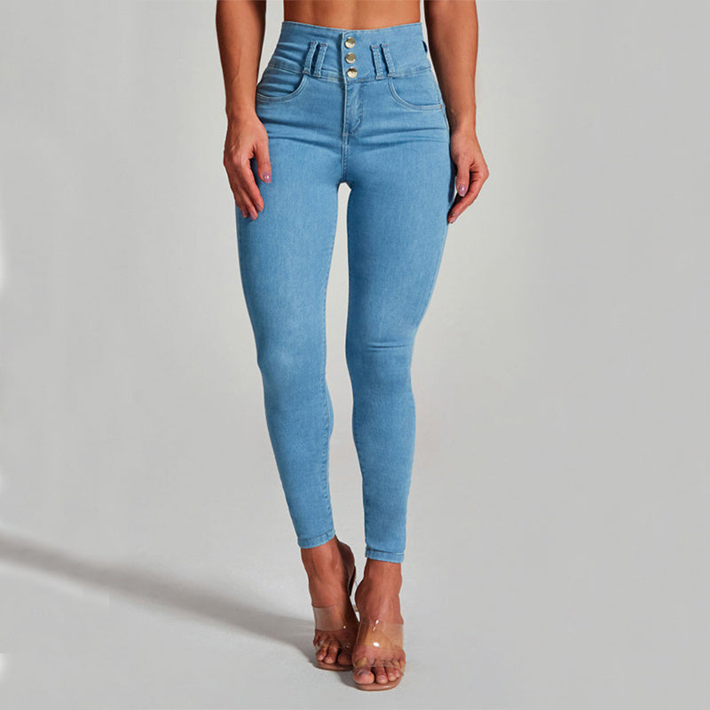 Jeans a vita alta, dal taglio aderente elasticizzato e con effetto lifting sui fianchi