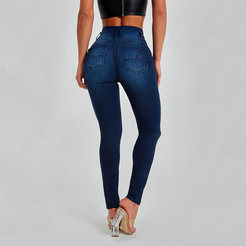 Jeans a vita alta, dal taglio aderente elasticizzato e con effetto lifting sui fianchi