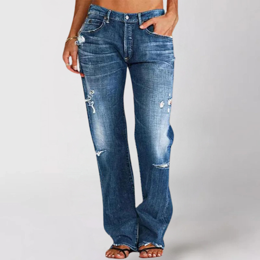 Jeans in denim a gamba larga