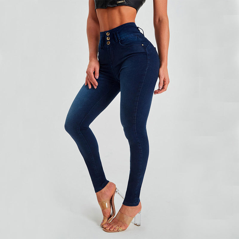 Jeans a vita alta, dal taglio aderente elasticizzato e con effetto lifting sui fianchi