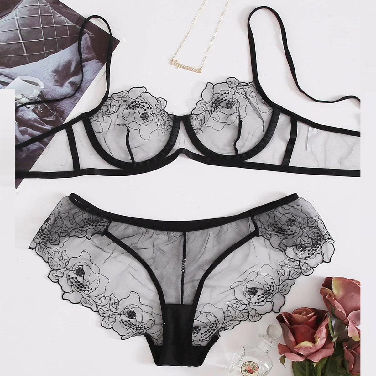 Drune | Women's Mesh Stickerei Sheer Dessous Set