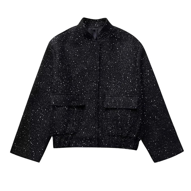 Drune - Damen Locker geschnittene Pailletten Gold Bomberjacke mit Stehkragen
