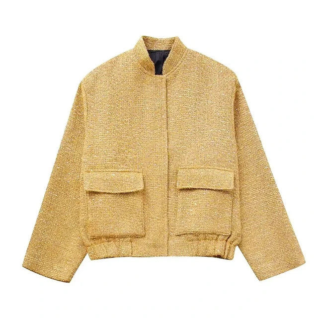 Drune - Damen Locker geschnittene Pailletten Gold Bomberjacke mit Stehkragen