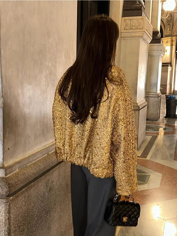 Drune - Damen Locker geschnittene Pailletten Gold Bomberjacke mit Stehkragen