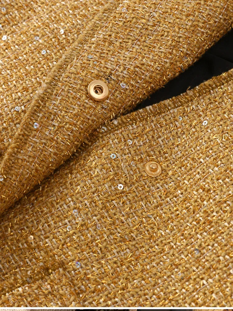 Drune - Damen Locker geschnittene Pailletten Gold Bomberjacke mit Stehkragen