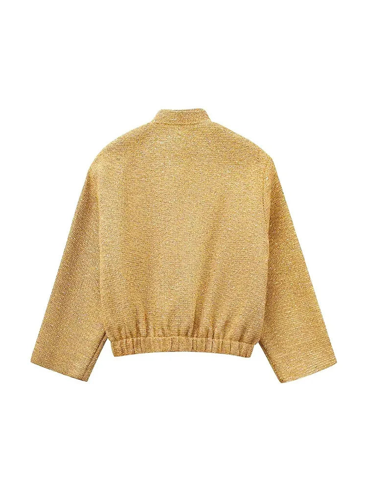 Drune - Damen Locker geschnittene Pailletten Gold Bomberjacke mit Stehkragen