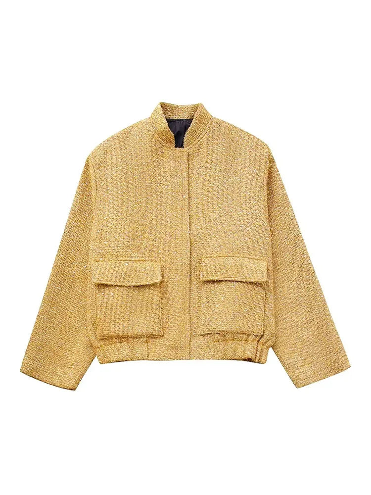 Drune - Damen Locker geschnittene Pailletten Gold Bomberjacke mit Stehkragen