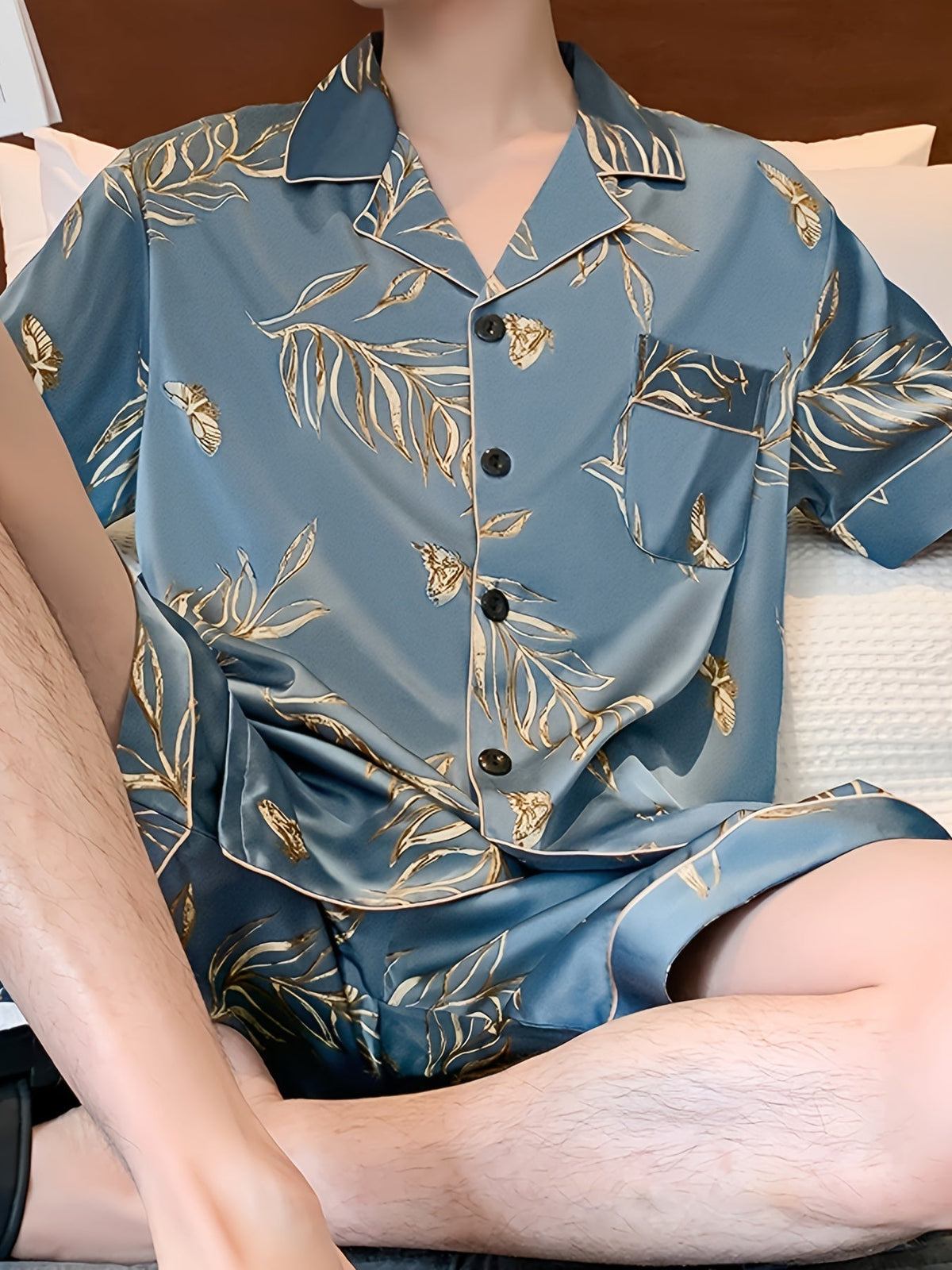 Drune | Herren Sommer Eis Seide Pyjama Satz Mit Blumen Und Blättern Druck