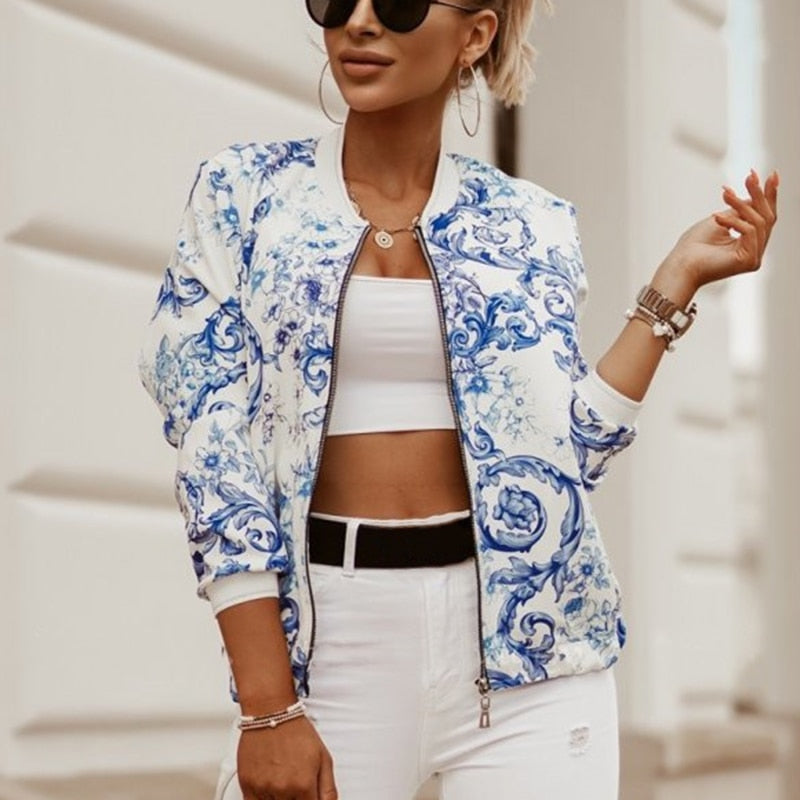 Drune Jazzy Blumen-Bomberjacke: Elegante Damenjacke mit Reißverschluss und Blumenmuster, Langarm, Vintage, Schlanker Schnitt, 4 Farben