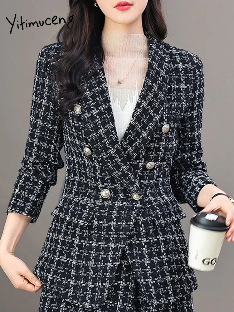 Damen elegante Tweed-Blazerjacke mit doppelter Knopfleiste und modernem Schnitt Drune