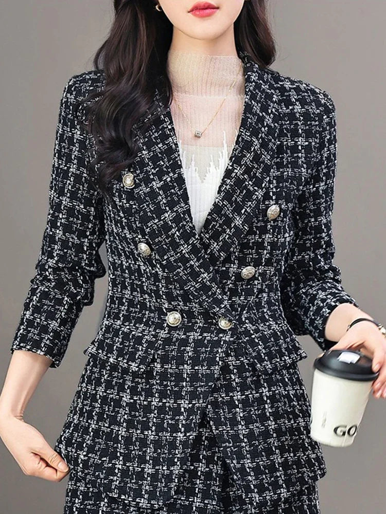 Damen elegante Tweed-Blazerjacke mit doppelter Knopfleiste und modernem Schnitt Drune