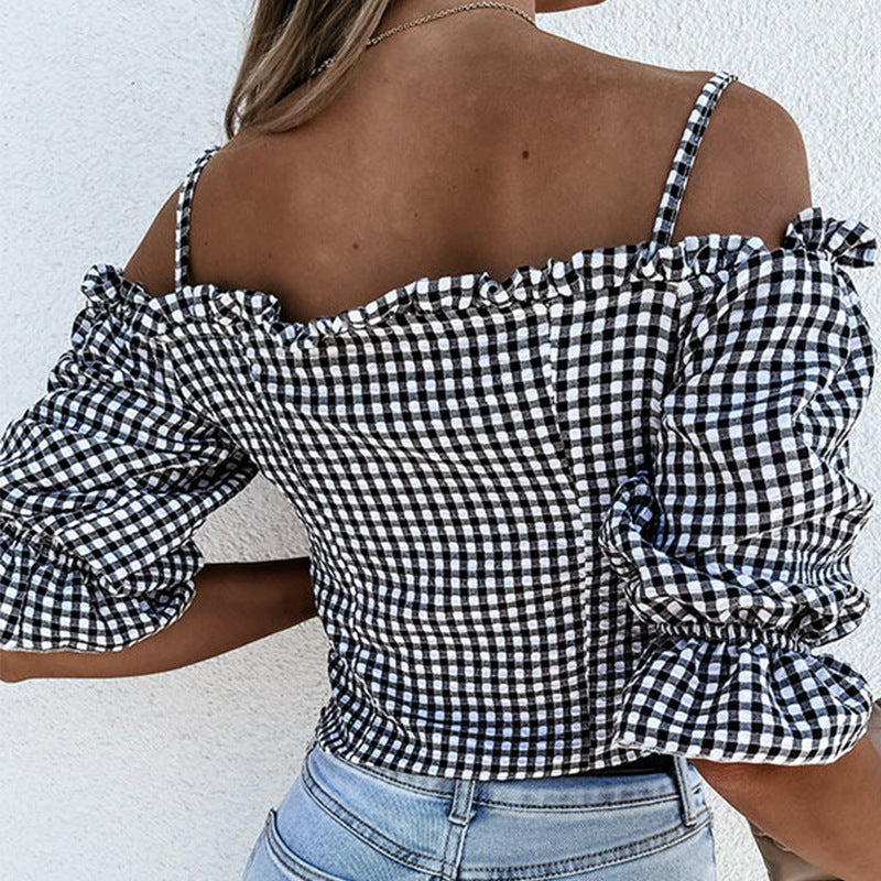 Damen Off-Shoulder Bluse mit Rüschendetails und Karomuster Drune