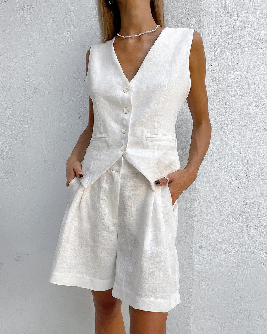 Damen luftiges Leinen-Set mit ärmellosem Blazer und Shorts Drune