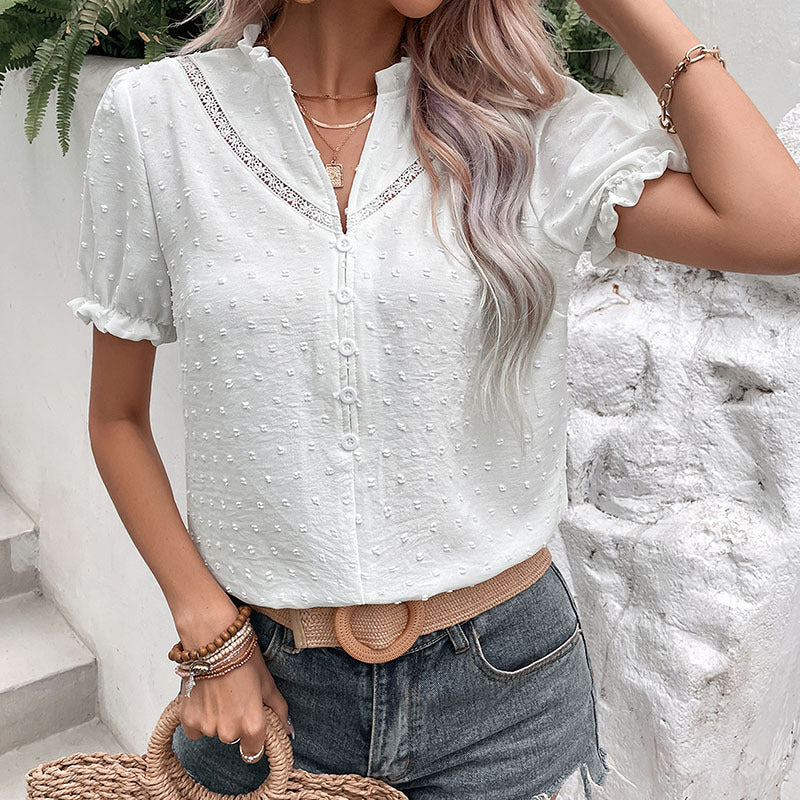 Damen Bluse mit dekorativem Spitzenbesatz und Knopfdetails Drune