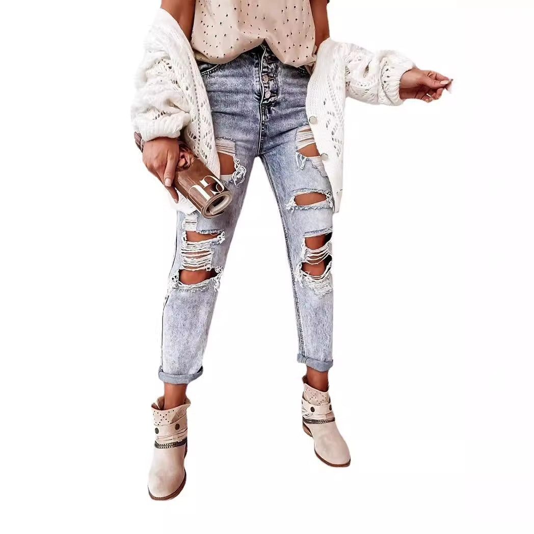 Jeans da donna “boyfriend” strappati in stile vintage casual con vita alta