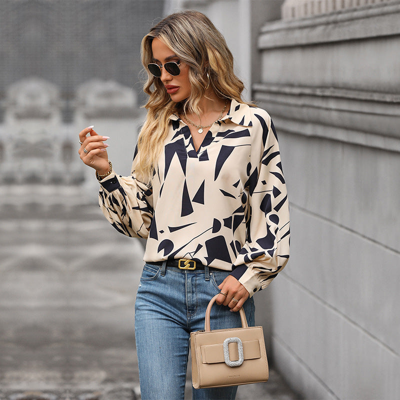 Damen Bluse mit auffälligem grafischem Design und voluminösen Ärmeln Drune