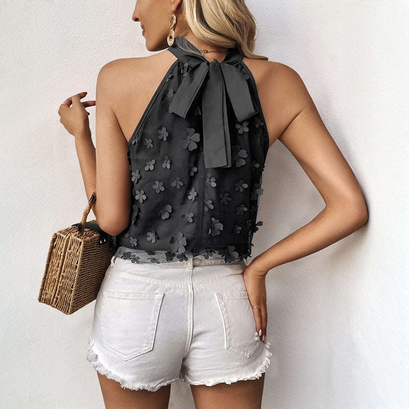 Damen blumenverzierte Chiffon Bluse mit hochgeschlossenem Kragen Drune