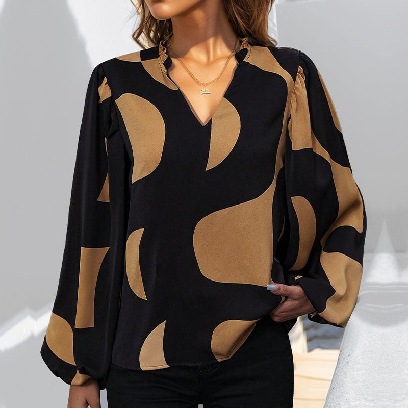 Damen Bluse mit modischem V-Ausschnitt und einzigartigem Muster Drune