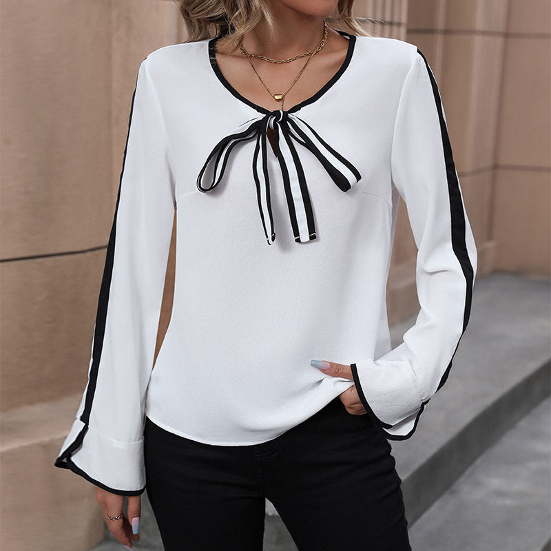 Damen Bluse mit dekorativem Schleifenkragen und kontrastierenden Ärmelabschlüssen Drune