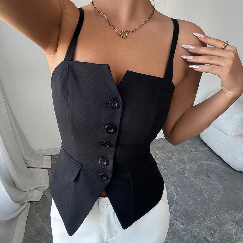 Damen ärmelloses Blusentop mit tailliertem Schnitt und Knopfdetails Drune