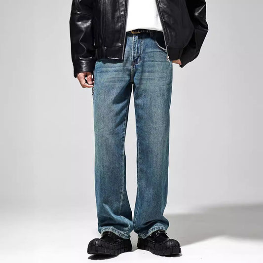 Jeans baggy da uomo in stile vintage con effetti consumati e vita alta