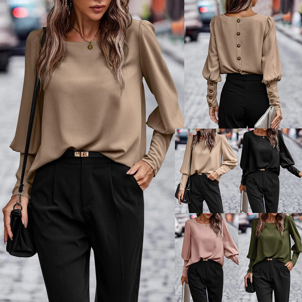 Damen Bluse mit eleganten Puffärmeln und fließendem Stoff Drune