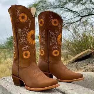 Damen Cowboystiefel mit floralem Stickdesign und robustem Blockabsatz Drune