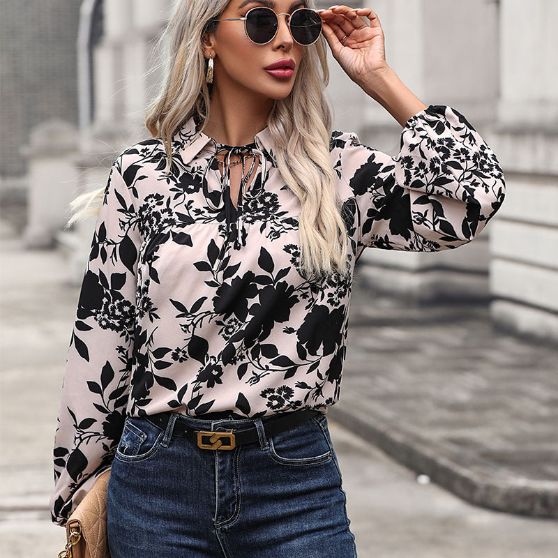 Damen Bluse mit floralem Design und dekorativem Schnürdetail Drune
