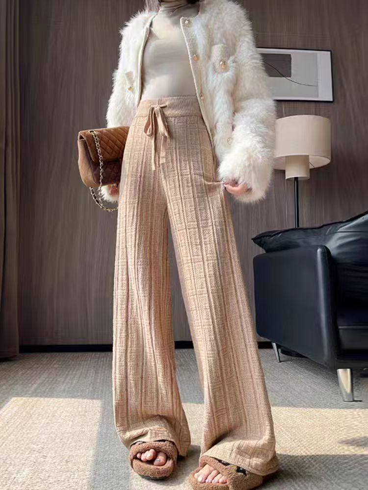 Damen Weit geschnittene Leinenhose mit elastischem Bund und gestreiftem Design Drune