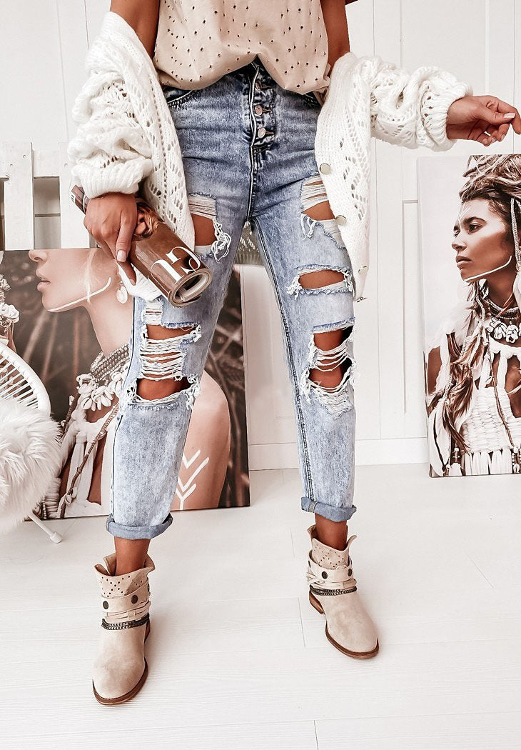 Jeans da donna “boyfriend” strappati in stile vintage casual con vita alta