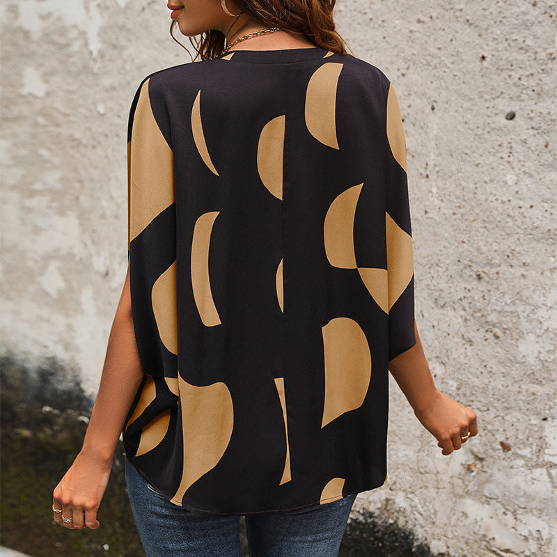 Damen Bluse im modernen abstrakten Design mit V-Ausschnitt und kurzen Ärmeln Drune