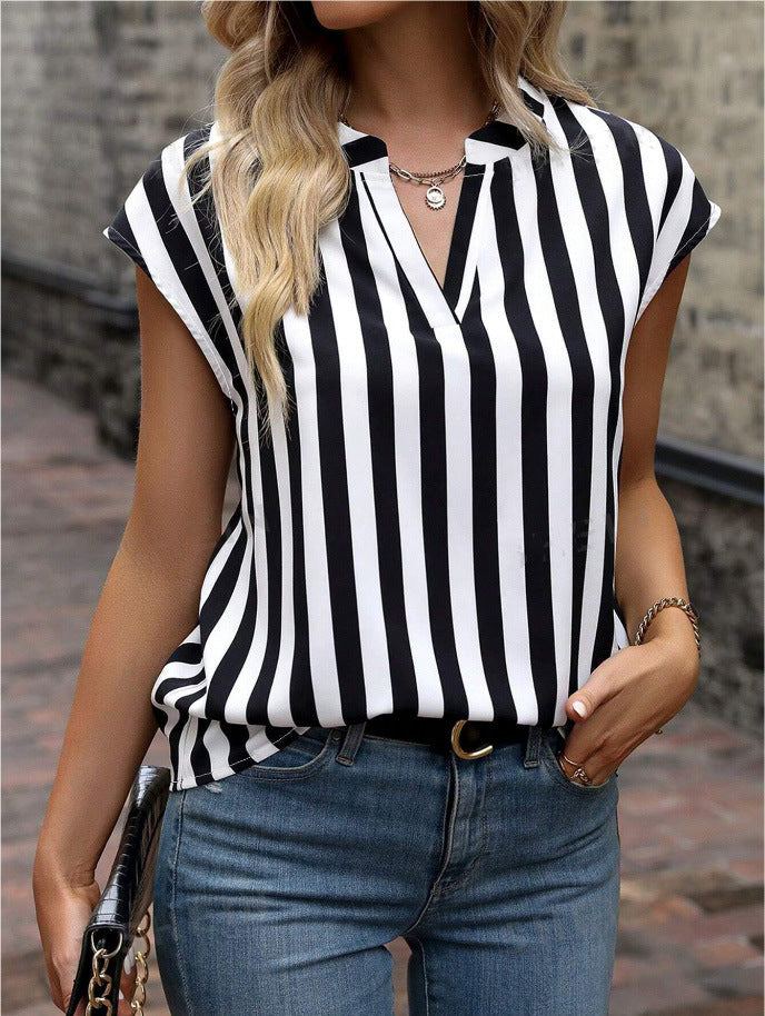 Damen Bluse im elegant gestreiften Design mit modernem V-Ausschnitt und kurzen Ärmeln Drune