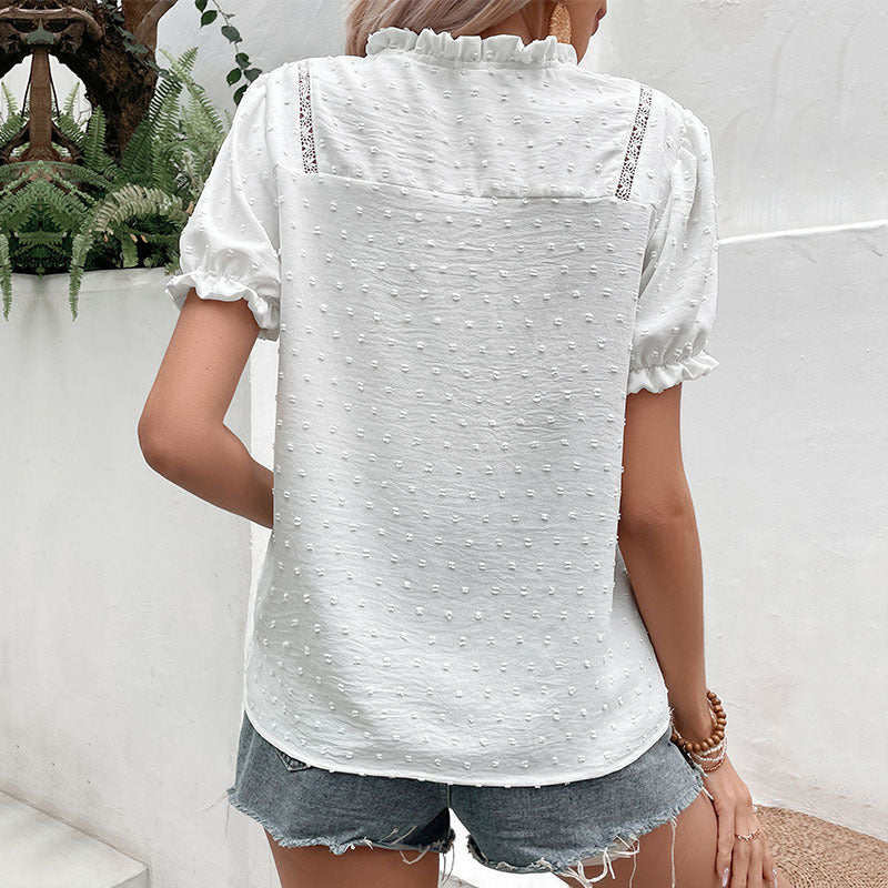 Damen Bluse mit dekorativem Spitzenbesatz und Knopfdetails Drune