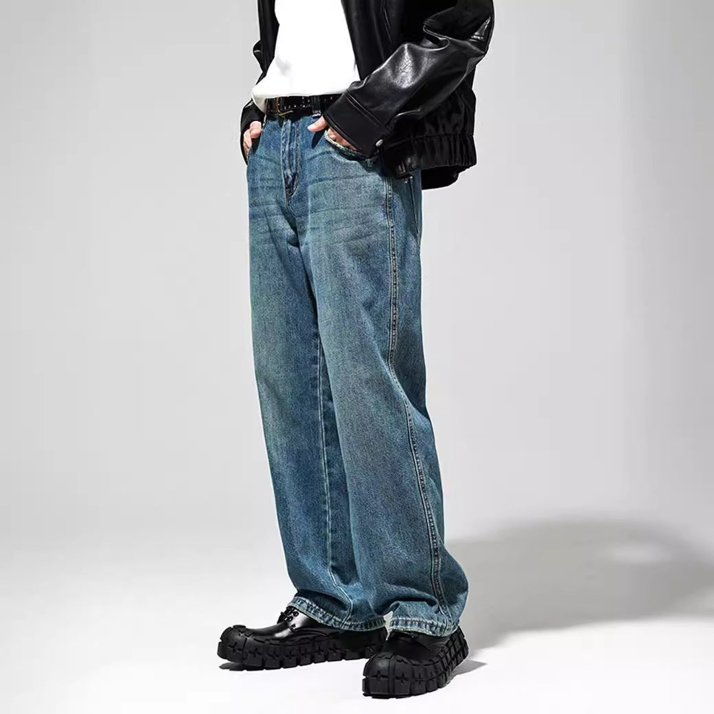 Jeans baggy da uomo in stile vintage con effetti consumati e vita alta