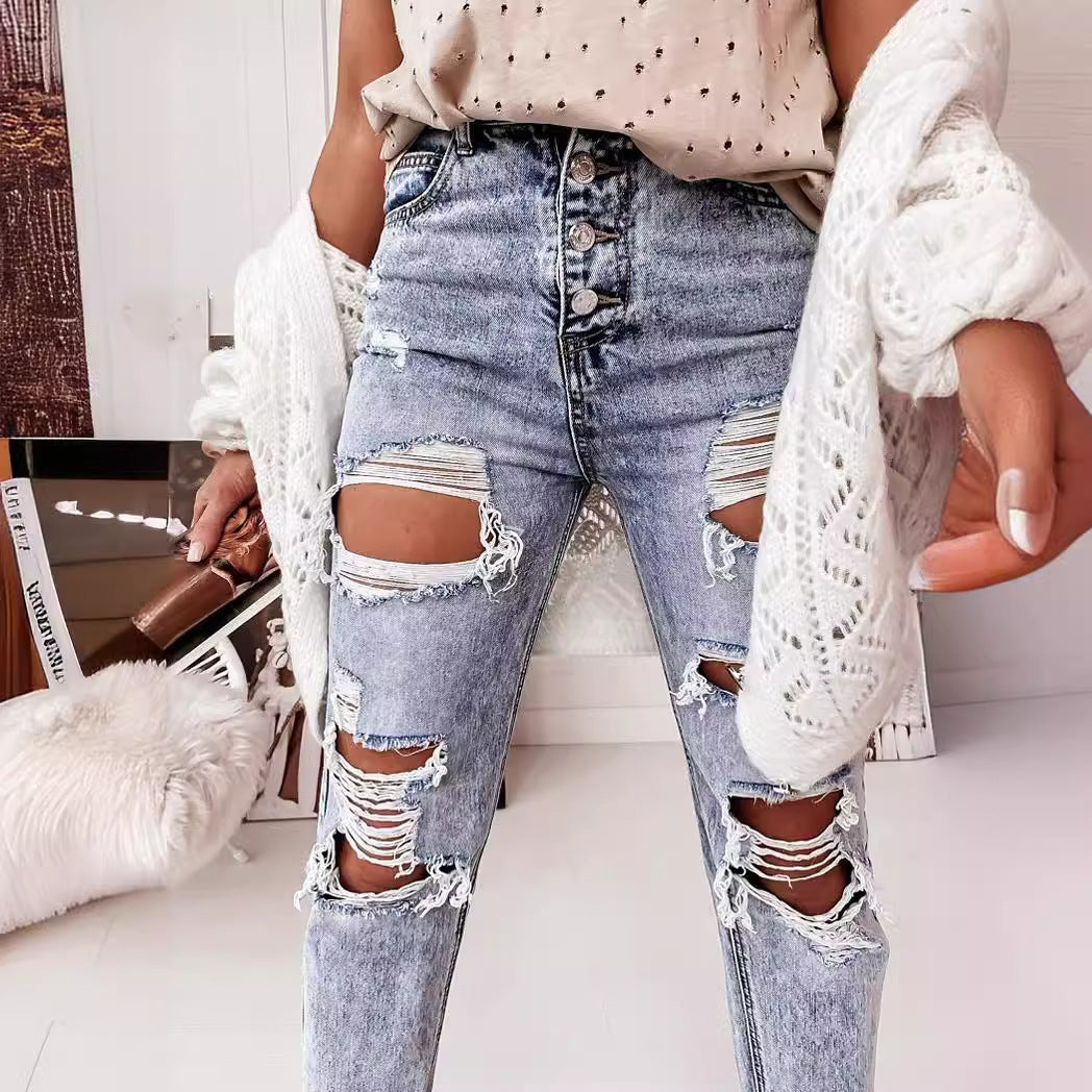 Jeans da donna “boyfriend” strappati in stile vintage casual con vita alta