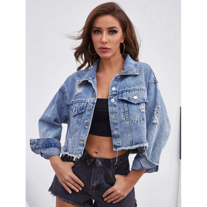Giacca da jeans corta da donna in stile vintage con frange casual e dettagli robusti