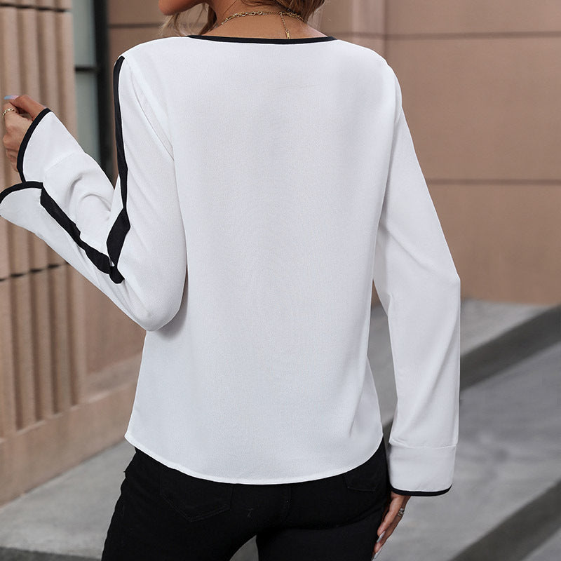 Damen Bluse mit dekorativem Schleifenkragen und kontrastierenden Ärmelabschlüssen Drune