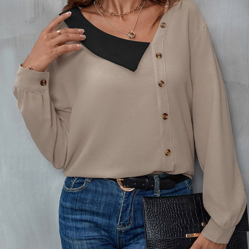 Damen Bluse mit asymmetrischem Kragen und Knopfdetails Drune