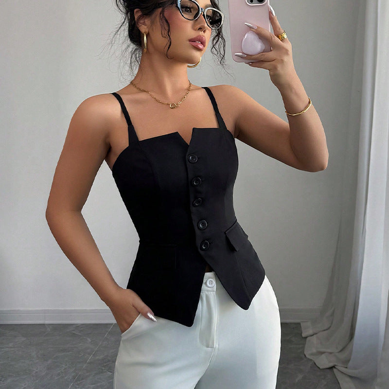 Damen ärmelloses Blusentop mit tailliertem Schnitt und Knopfdetails Drune