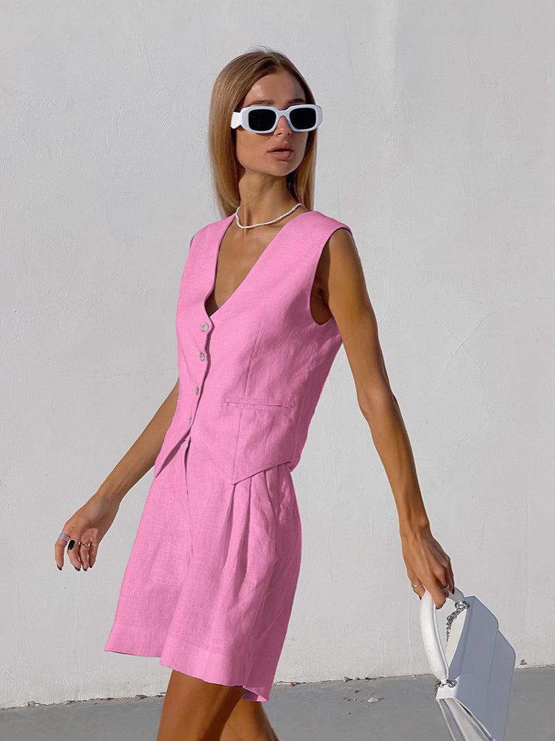 Damen luftiges Leinen-Set mit ärmellosem Blazer und Shorts Drune